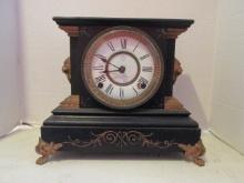 Antique Ansonia Clock Co. Painted Cast Metal Mantle Clock with Lion Head Rings