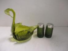 Midcentury Avocado Green Glass Shakers and Stretched Art Glass Swan