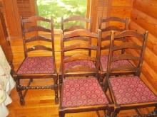 Five Vintage Oak Ladder Back Side Chairs with Turned Wood Stretchers