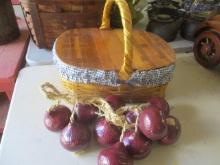 Wicker Picnic Basket with Strand of Hanging Ceramic Onions