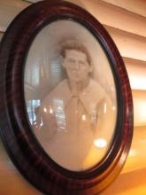 Antique Portrait in Oval Tiger Stripe Frame with Convex Bubble Glass
