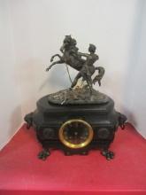 Antique Black Marble Mantle Clock with Bronze Statue