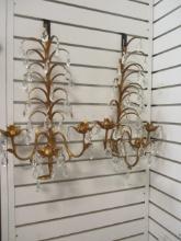Pair of Italian Gilt 3 Arm Candle Sconces with Prisms
