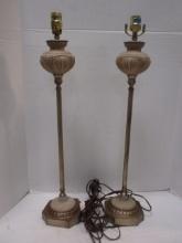 Pair of Pottery Font Metal Post Banquet Lamps
