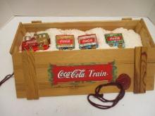 1998 Coca-Cola Blown Glass Ornament Train Set in Wooden Crate