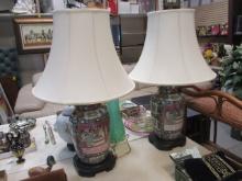 Pair of Chinese Porcelain Cloisonne Table Lamps with Silk Shades