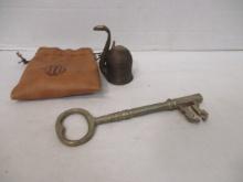 Vintage Brass Bell in Bag and Large Brass Skeleton Key