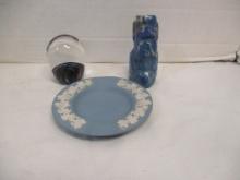 Small Wedgwood Blue Plate, Signed Glass Paperweight, and Blue Lapis