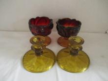 2 Pairs of Amber Glass Candle Holders