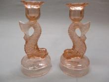 Pair of Vintage Pink Depression Glass Koi Fish Candle Holders 8"