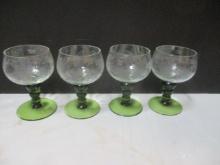 Green Glass Etched Wine Stems