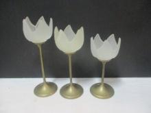 3 Tulip Shape Frosted Glass & Brass Candle Holders