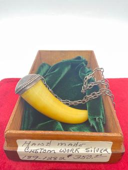 24" Handmade custom work silver tooth pendant necklace with orig. box and tag