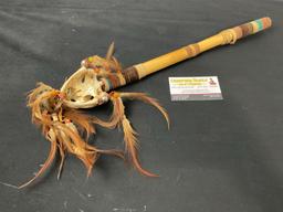 Native American Made Snapping Turtle Skull Rattle, made with Leather & Feathers