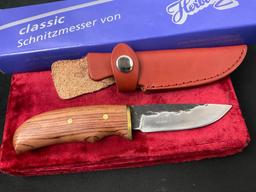 NIB Classic Schnitzmesser Von Herbertz Fixed Blade Knife, Leather Sheath