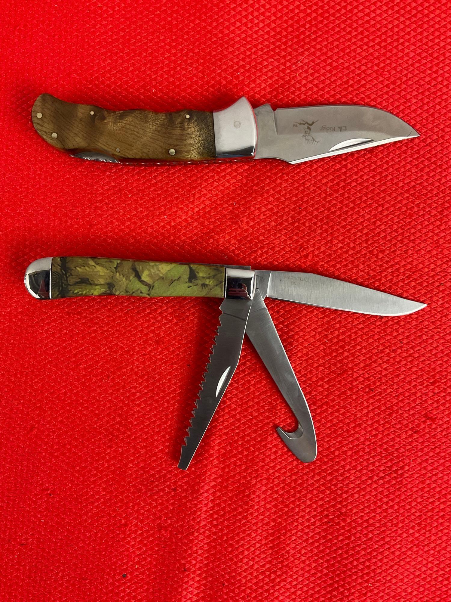 2 pcs Elk Ridge 440 Steel Folding Blade Lock Back Pocket Knives Models 89C & 138. NIB. See pics.