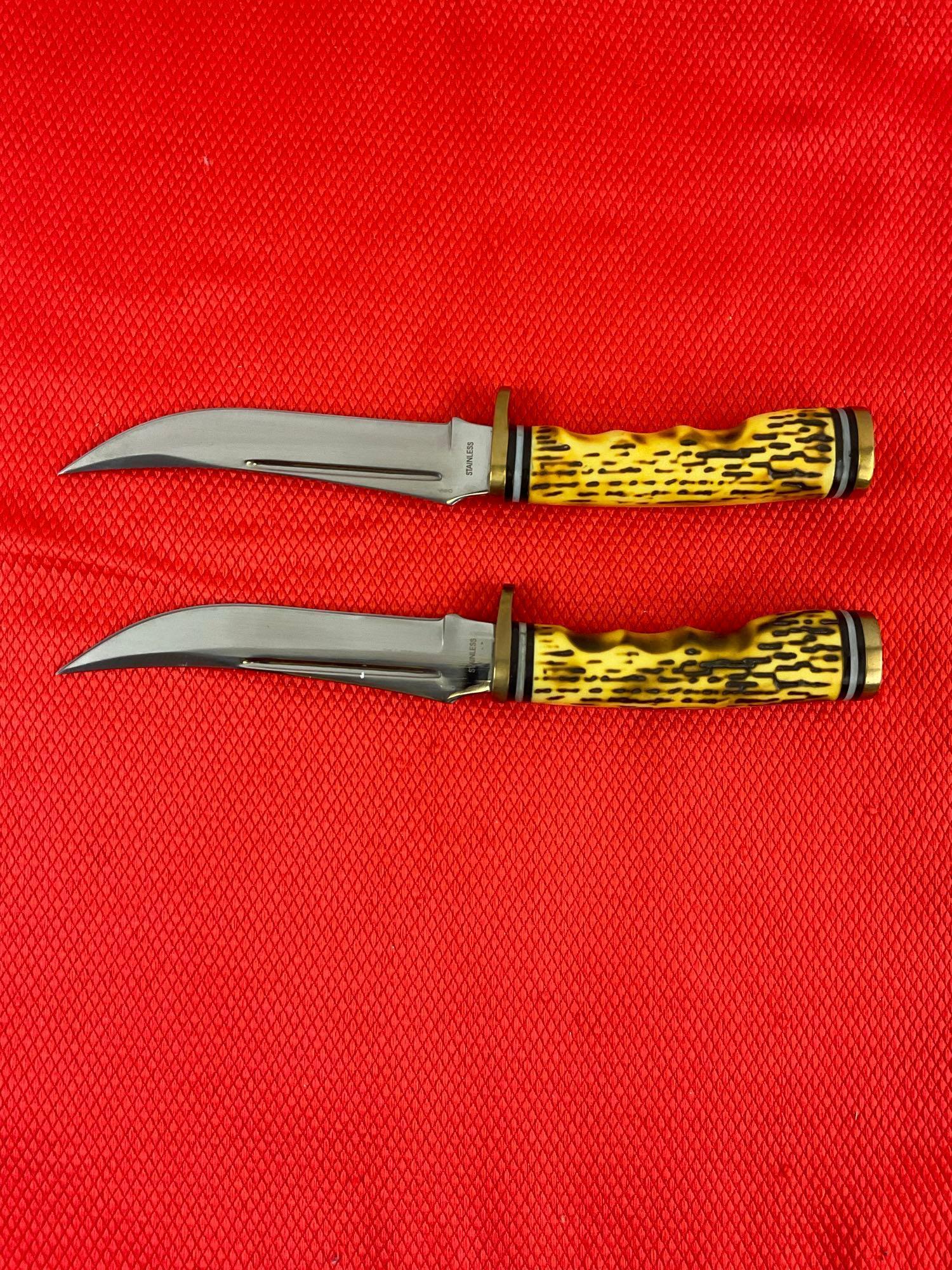 Pair of 5" Stainless Steel Fixed Blade Hunting Knives w/ Faux Antler Handles & Canvas Sheathes. See