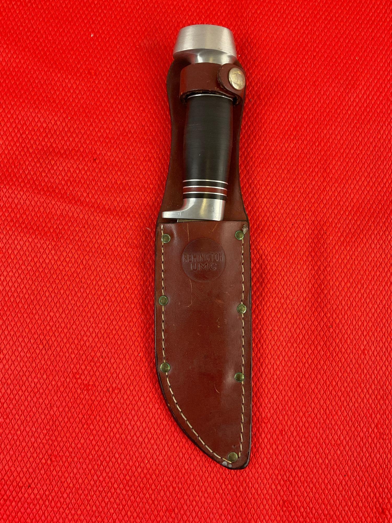 Vintage Remington UMC RH-50 4.25" Fixed Blade Stainless Steel Skinning Knife w/ Leather Sheath. See
