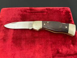 Vintage Western Folding Pocket Knife, S-532, engraved blade w/ Cougar scene, metal and wooden han...