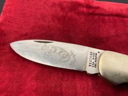 Vintage Western Folding Pocket Knife, S-532, engraved blade w/ Cougar scene, metal and wooden han...