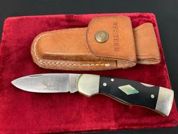 Vintage Western Folding Pocket Knife, S-531, engraved blade with buck scene, metal and wooden han...