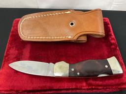 Vintage Western Folding Pocket Knife, 532, engraved blade with buck scene, metal and wooden handle