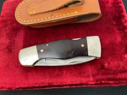 Vintage Western Folding Pocket Knife, S-532, engraved blade, metal and wooden handle, leather she...