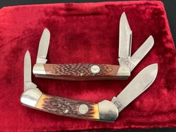 Pair of Vintage Remington Folding Knives, R-8 Stockman & 1999 Double Blade, delrin faux horn hand...