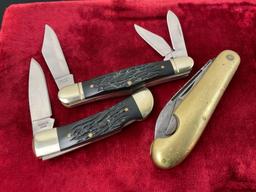Trio of Remington Knives, Stockman Triple Blade, Single Blade & Brass Mini Trapper