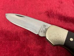 Vintage Western Folding Pocket Knife, S-532, engraved blade, metal and wooden handle