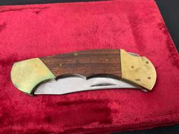 Large Brass Steel & Wood Folding Knife, Pakistani Buck style Super Stud SFB 4406, 3.75 in blade