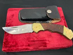 Large Brass Steel & Wood Folding Knife, Pakistani Buck style Super Stud SFB 4406, 3.75 in blade