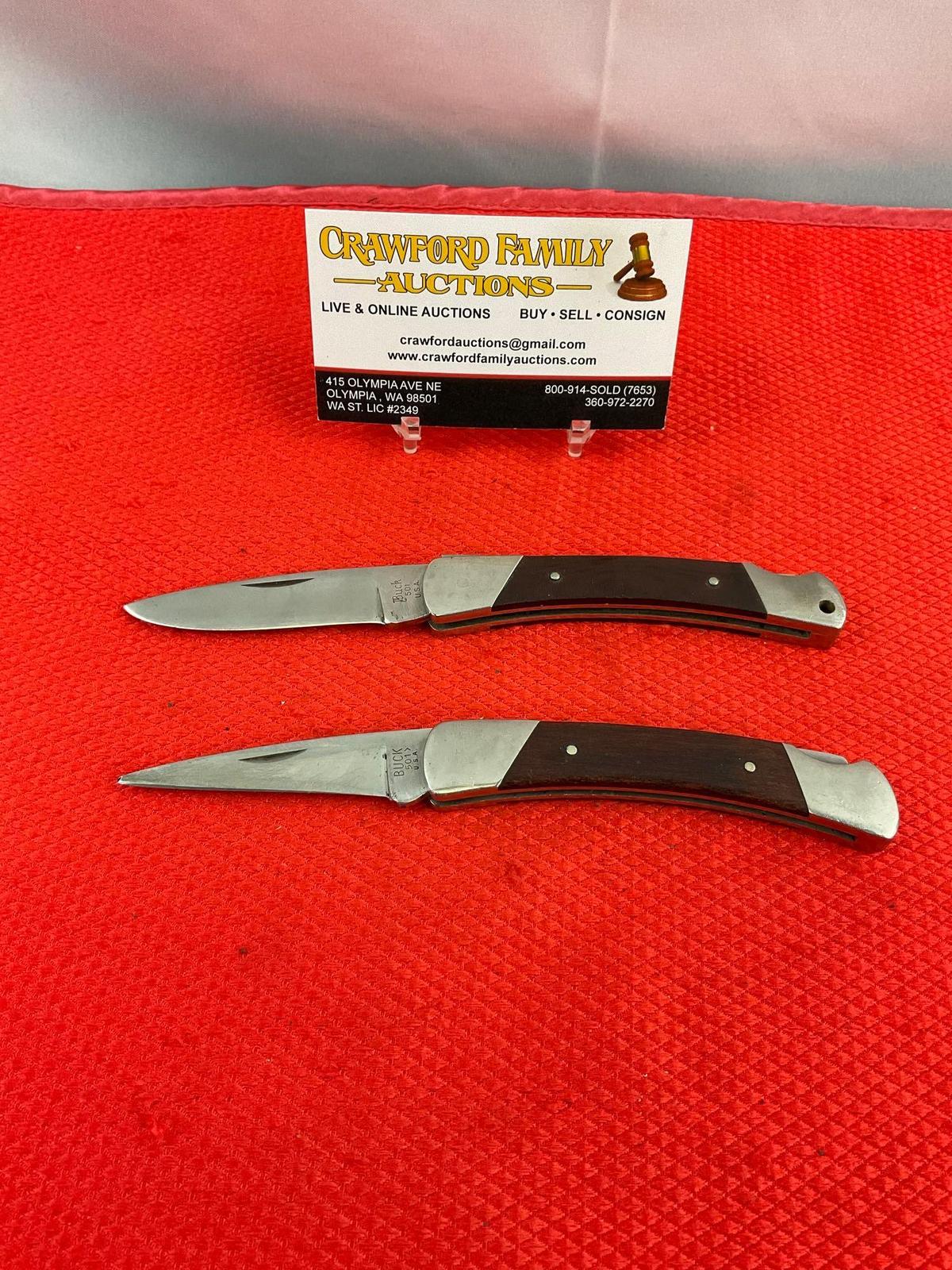 2 pcs Vintage Buck 2.5" Steel Folding Blade Squire Pocket Knives Models 501 & 501>. See pics.