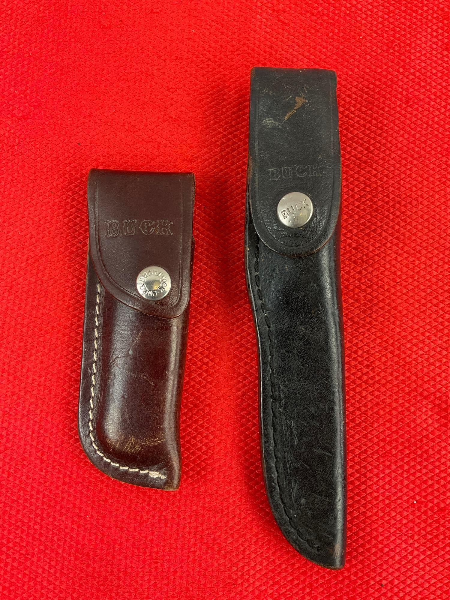 2 pcs Vintage Buck Steel Knives, Models 102 Woodsman & 531/ Bucklock w/ Original Sheathes. See pi...