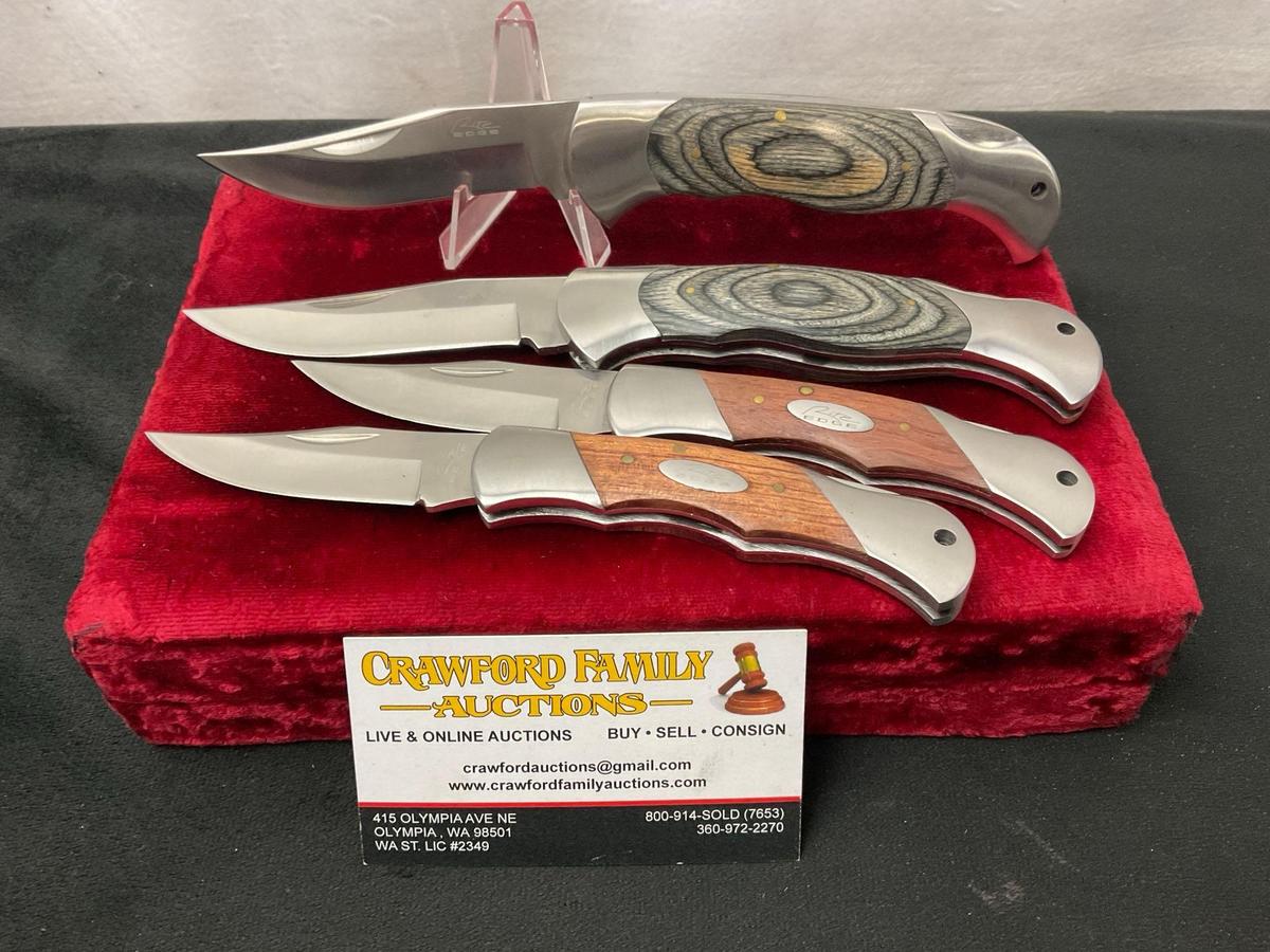 4x Rite Edge Knives, 2x w/ Grey Wood Handled Skinners, 2x Brown Wood