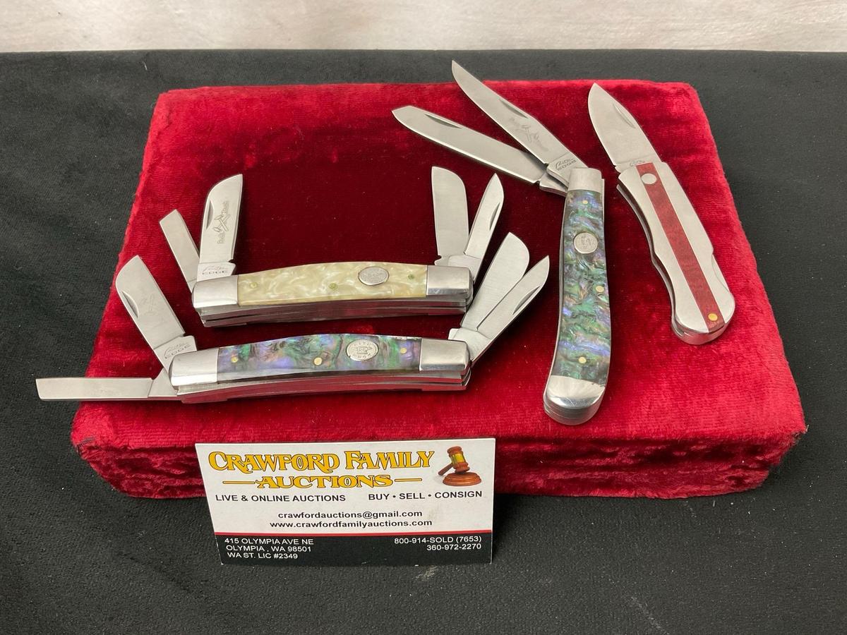 4x Rite Folding Pocket Knives, 2x Abalone style handle, 1x Pearl, & 1x Inlaid Wood