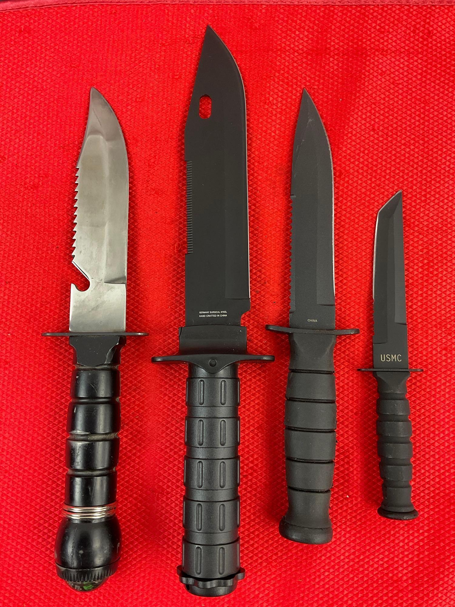 4 pcs Steel Fixed Blade Bowie Knives w/ Sheathes. 1x Hero Edge, 1x Outback, 1x D.O.T.T. See pics.