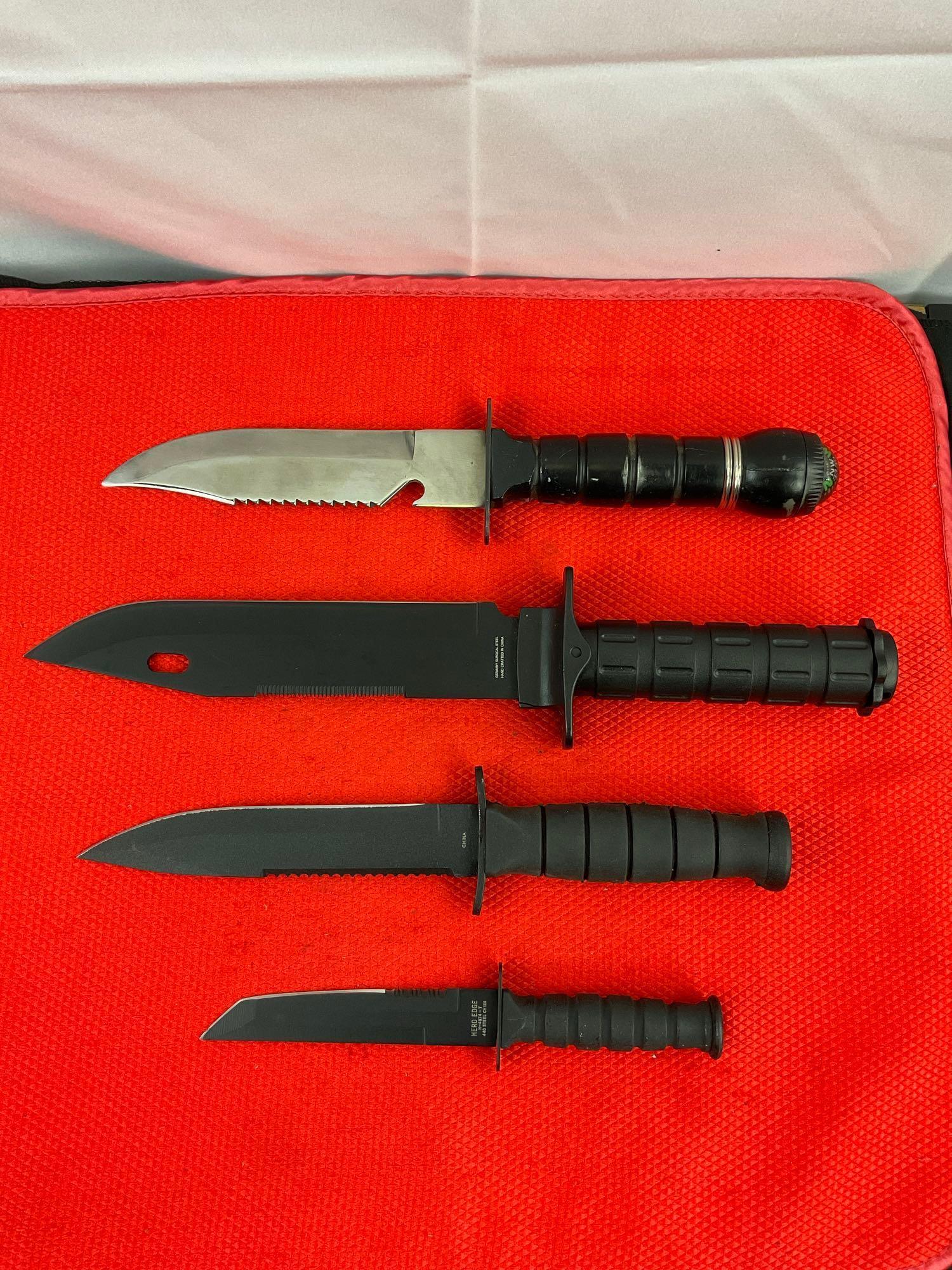 4 pcs Steel Fixed Blade Bowie Knives w/ Sheathes. 1x Hero Edge, 1x Outback, 1x D.O.T.T. See pics.
