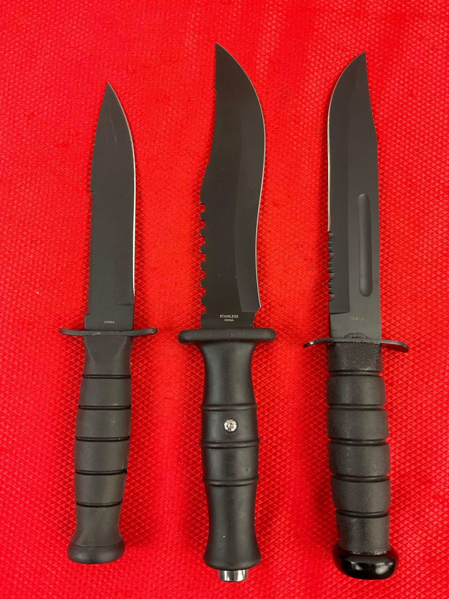 3 pcs Modern Steel Fixed Blade Tactical Knives w/ Sheathes. 1x Survivor, 1x D.O.T.T., 1x Unknown.