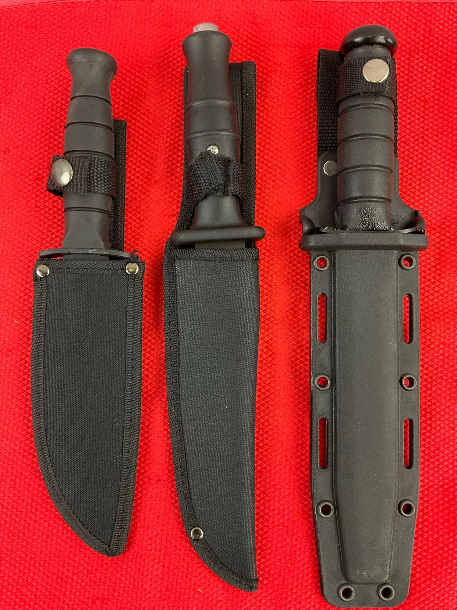 3 pcs Modern Steel Fixed Blade Tactical Knives w/ Sheathes. 1x Survivor, 1x D.O.T.T., 1x Unknown.