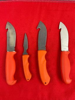 4 pcs Rite Edge Steel Fixed Blade Skinning Knives w/ Orange Handles & Sheathes. See pics.