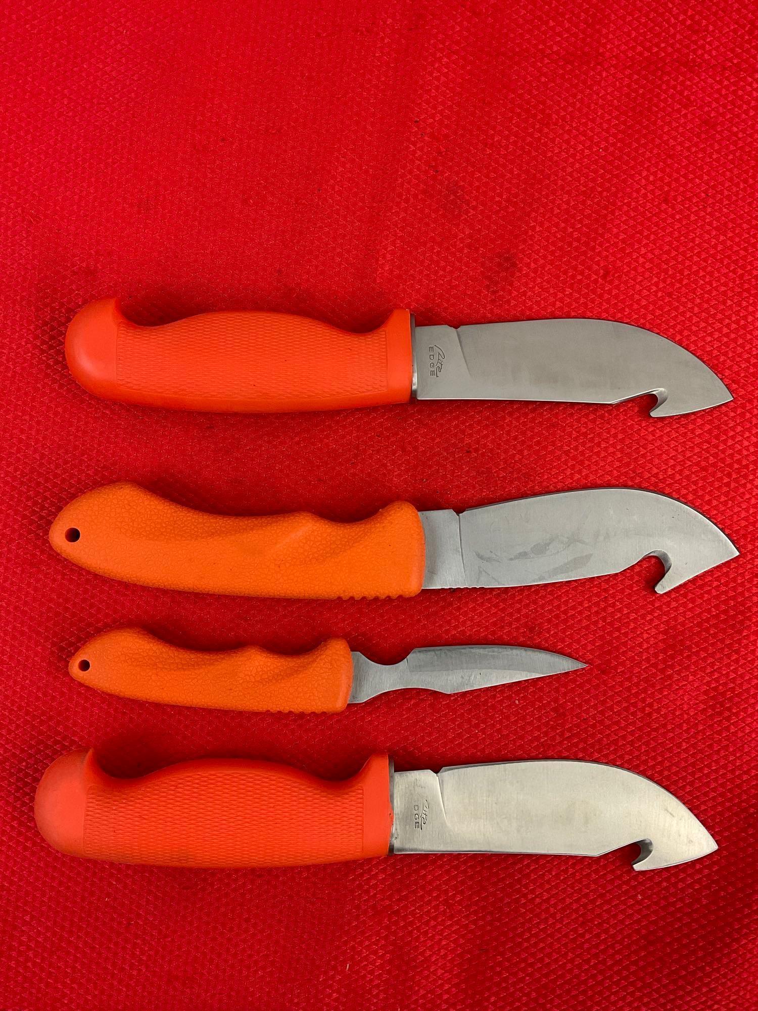 4 pcs Rite Edge Steel Fixed Blade Skinning Knives w/ Orange Handles & Sheathes. See pics.