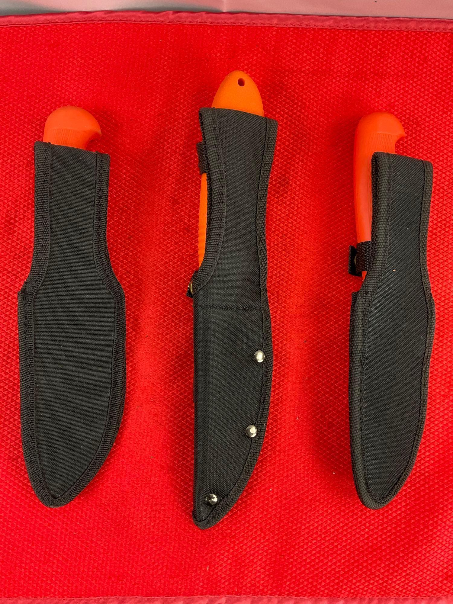 4 pcs Rite Edge Steel Fixed Blade Skinning Knives w/ Orange Handles & Sheathes. See pics.