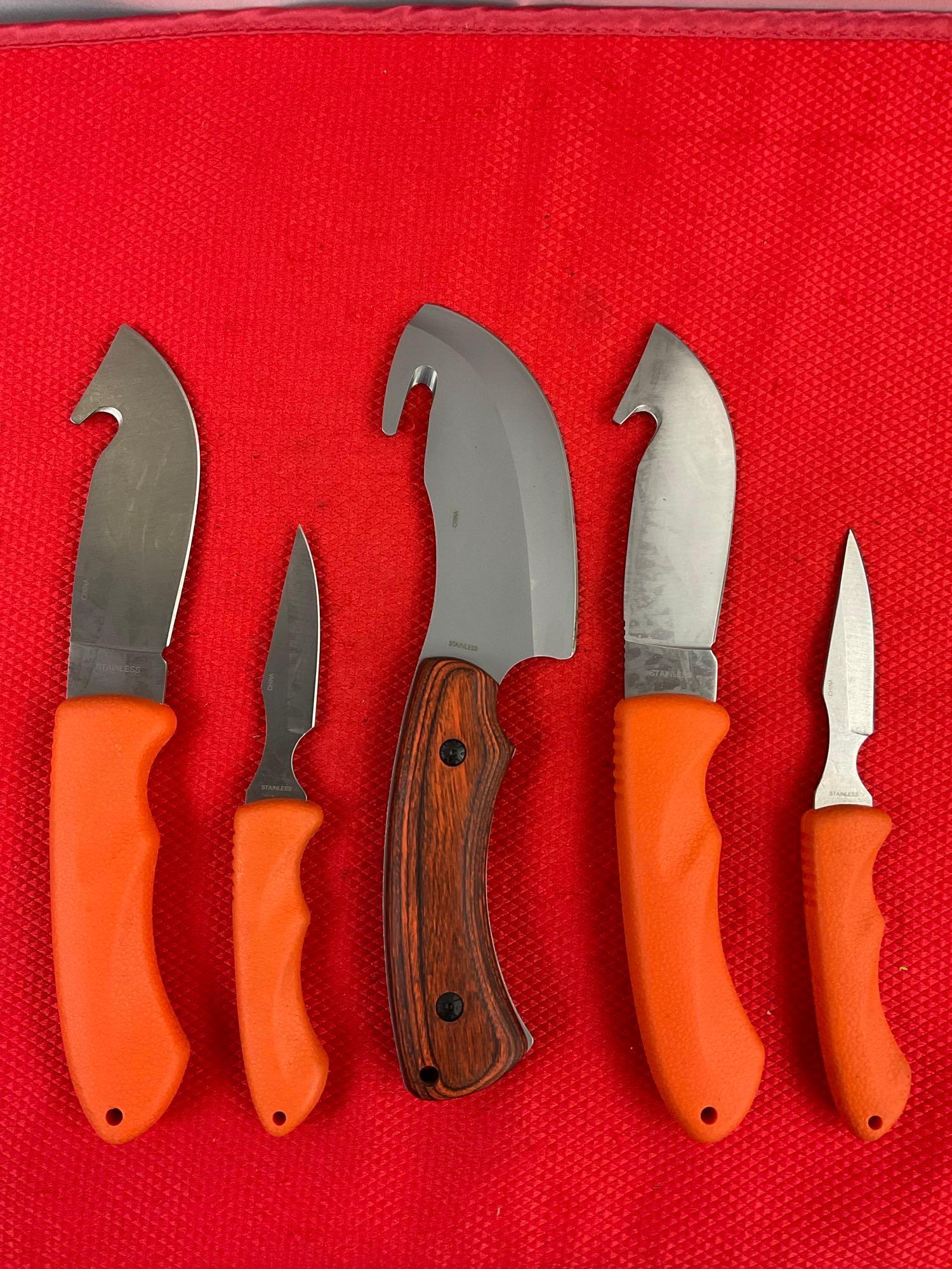 5 pcs Modern Rite Edge Steel Fixed Blade Skinning Knives w/ Orange Handles & Sheathes. See pics.