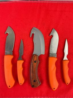 5 pcs Modern Rite Edge Steel Fixed Blade Skinning Knives w/ Orange Handles & Sheathes. See pics.