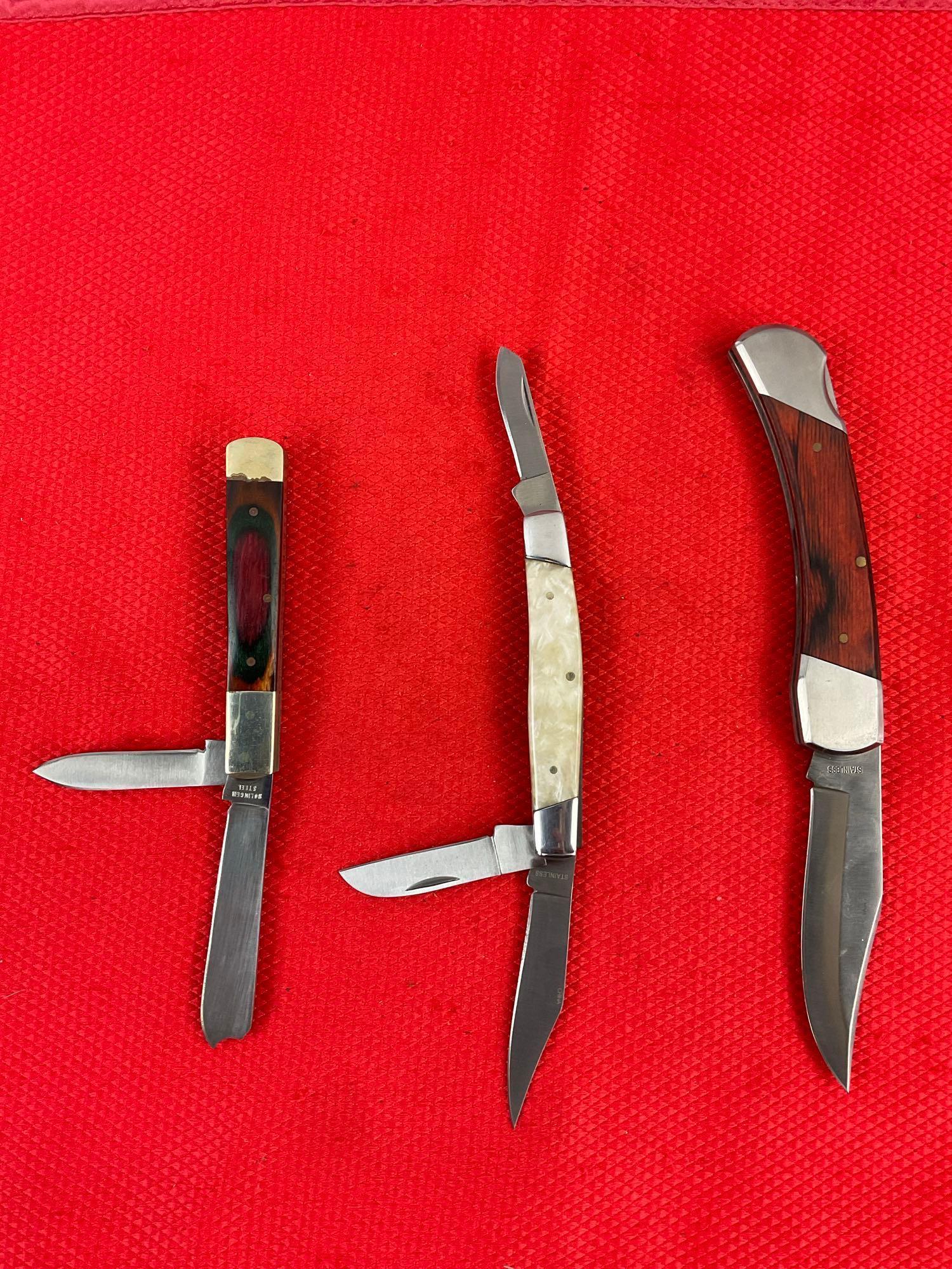 3 pcs Modern Steel Folding Blade Pocket Knives. 2x Rite Edge, 1x Frost Cutlery. See pics.