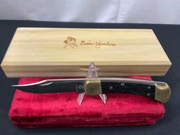 Vintage Buck 110 Folding Hunting Knife, Brass and Wood, w/ Brian Yellowhorse Case
