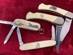 4x Barlow Knives w/ Engraved Scrimshaw Handles, Eagle, Puma & Bison Scenes