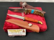 Pair of Fixed Blade Knives, Wrangler Knife w/ Turquoise inlay & Leather sheaths