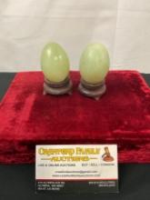 Pair of Small Pale Jade/Jadeite (?) Eggs w/ Stands